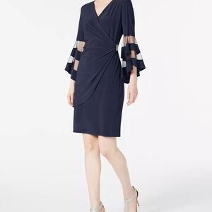 R&M Richards Navy Long Sleeve Dress with Sheer Accents 12 New